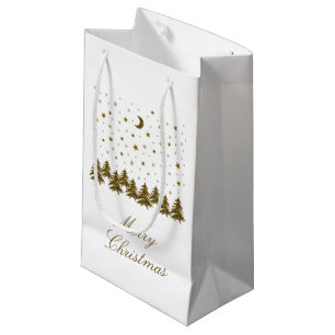 Sacola Para Presentes Pequena Árvore de Natal de ouro faísca, lua, estrelas de N