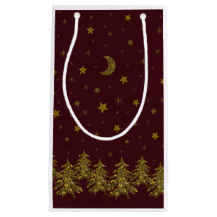 Sacola Para Presentes Pequena Árvore de Natal de ouro faísca, lua, estrelas em v