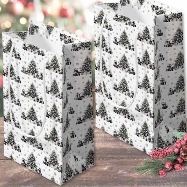 Sacola Para Presentes Pequena Árvore de Natal Elegante Branca Negra (Black White Elegant Christmas Tree Small Gift Bag)