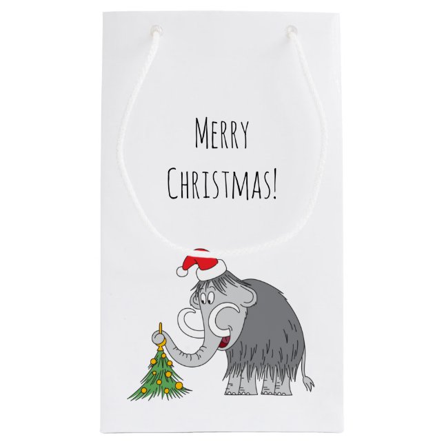 Sacola Para Presentes Pequena Árvore de Natal Feliz Mammoth Santa Hat Pequeno (Verso)