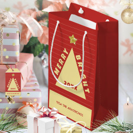 Sacola Para Presentes Pequena Árvore de Natal Minimalista Vermelha Nome