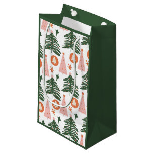 Sacola Para Presentes Pequena Árvores de Natal Boho Verde Rosa Laranja