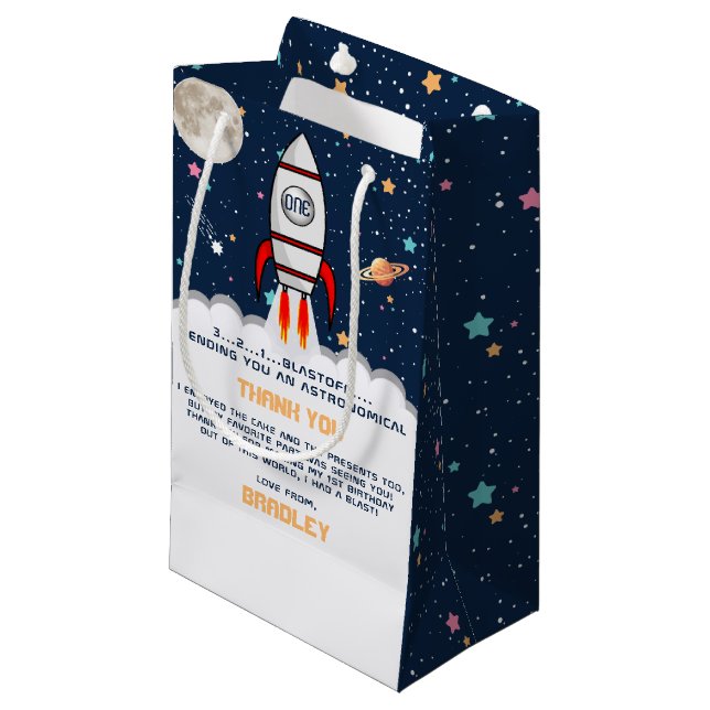 Sacola Para Presentes Pequena Astronauta Rocket Outer Space primeiro aniversario (Frente inclinada)