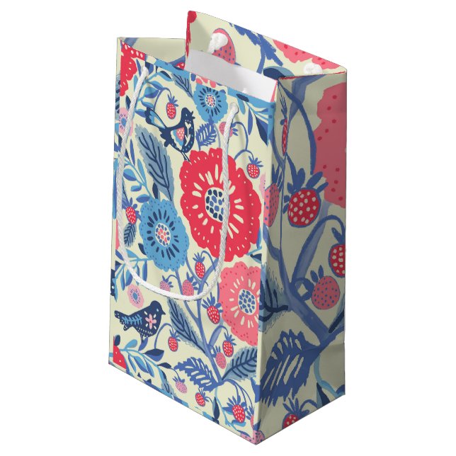 Sacola Para Presentes Pequena Aves De Arte Folhosas, Morangos E Impressão De Flo (Verso inclinado)
