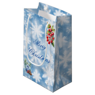 Sacola Para Presentes Pequena Azeite Branco Floco de Neve Azevinho Frutas Natal