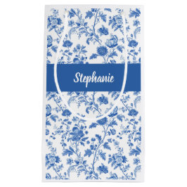 Sacola Para Presentes Pequena Azul Branco Floral Vintage Monograma Nome