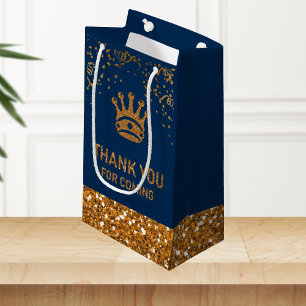 Sacola Para Presentes Pequena Azul Marinho Dourado Coroa Príncipe Real Obrigado