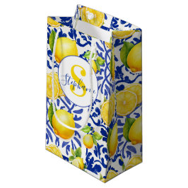 Sacola Para Presentes Pequena Azulejo Azul Branco com Limão Nome Monograma Citri