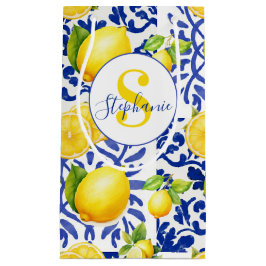 Sacola Para Presentes Pequena Azulejo Azul Branco com Limão Nome Monograma Citri