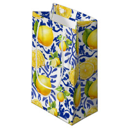 Sacola Para Presentes Pequena Azulejo Azul Branco com Padrão de Limão Mediterrân
