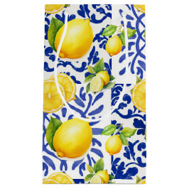 Sacola Para Presentes Pequena Azulejo Azul Branco com Padrão de Limão Mediterrân