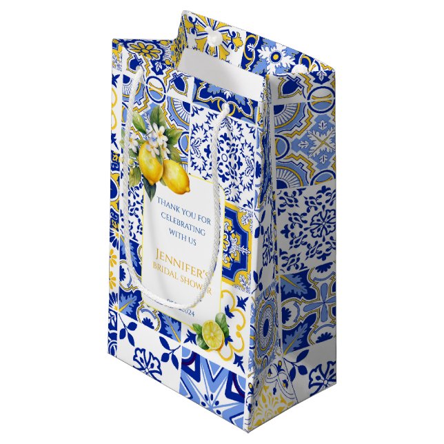 Sacola Para Presentes Pequena Azulejos Azuis Amalfi Mediterrânicos Lemon Obrigad (Frente inclinada)