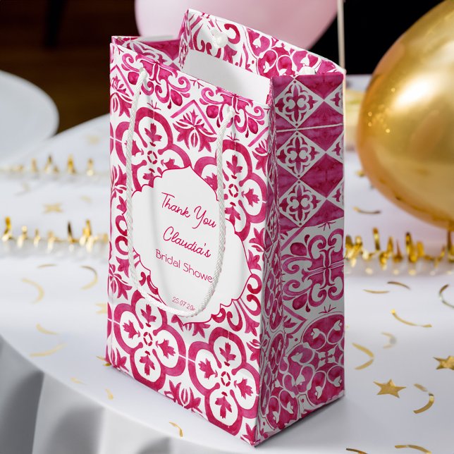 Sacola Para Presentes Pequena Azulejos magenta Fuchsia Majolica personalizados (Fuchsia Majolica magenta tiles personalized Small Gift Bag bridal shower favor bag bridesmaid favor)