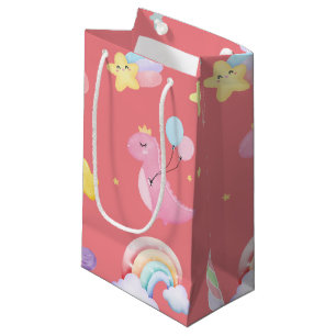 Sacola Para Presentes Pequena Balão-arco-íris de dinossauro, rosa-doce, bonito