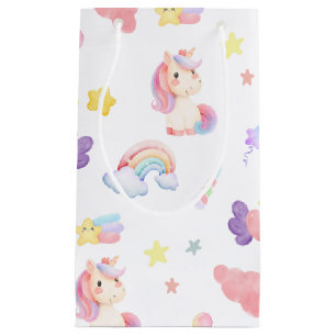 Sacola Para Presentes Pequena Balão-arco-íris de unicórnio rosa-claro