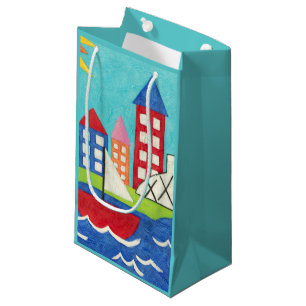Sacola Para Presentes Pequena Balão de vela e ar quente com paisagem urbana