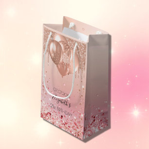 Sacola Para Presentes Pequena Balões de ouro rosas rosa-de-aniversário brilham