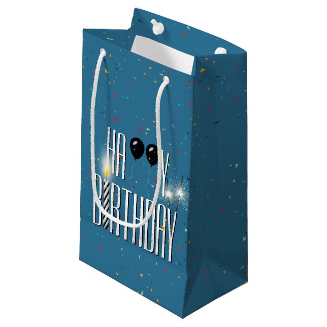 Sacola Para Presentes Pequena Balões e Faíscas de Aniversário Negro (Frente inclinada)
