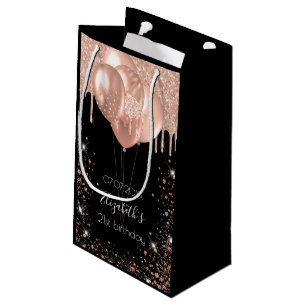 Sacola Para Presentes Pequena Balões festa de aniversário preto-rosa-ouro-relâmp