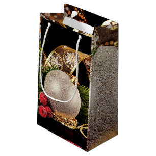Sacola Para Presentes Pequena Bandas Douradas de Feriado Glittery Ball Gift Bag