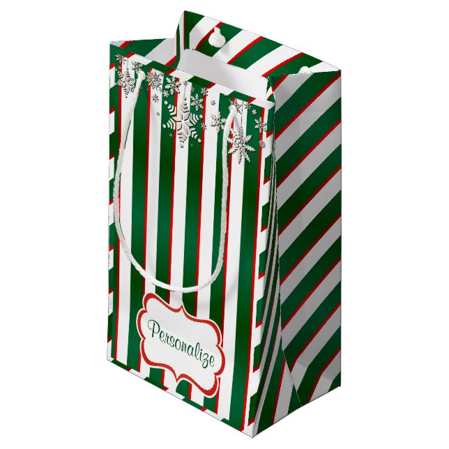 Sacola Para Presentes Pequena Bandas em branco, verde e vermelho de Natal (Frente inclinada)