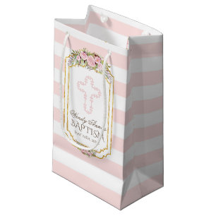 Sacola Para Presentes Pequena Batismo Dourado Floral Monograma com tiras Rosa Es