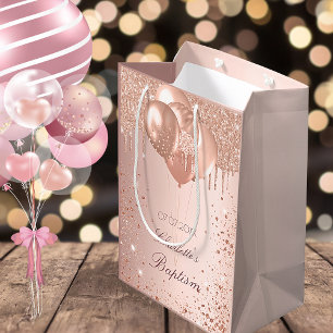 Sacola Para Presentes Pequena Batismo rosa dourado borrão relva pingar balões