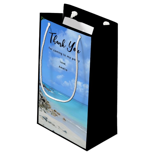 Sacola Para Presentes Pequena Beautiful Turquoise Tropical Beach Thank You (Verso inclinado)