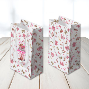 Sacola Para Presentes Pequena Bela Cowgirl Rosa Coquette Feliz Aniversário Bonit