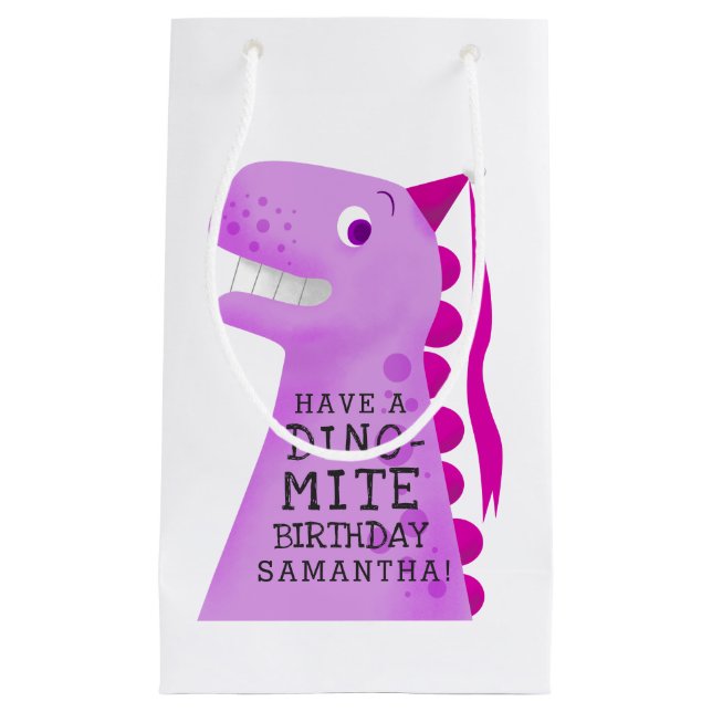 Sacola Para Presentes Pequena Belo Dinossauro Rosa Personalizado Aniversário (Frente)