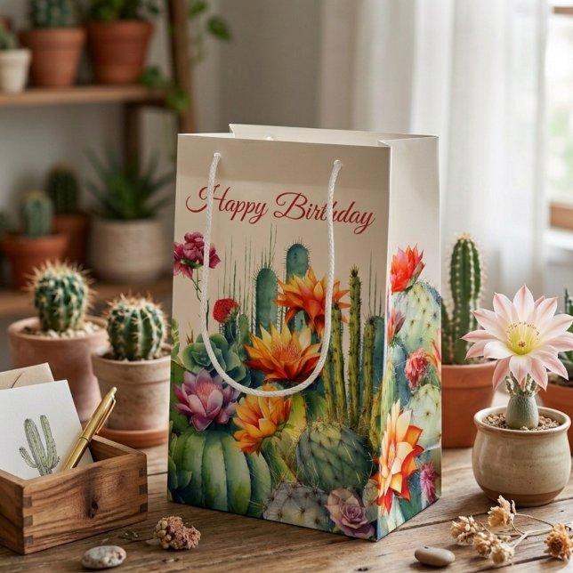 Sacola Para Presentes Pequena Belos Cactos Floridos Com Texto (Criador carregado)