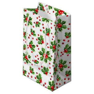 Sacola Para Presentes Pequena Berries Vermelhos Holly, Natal Clássico