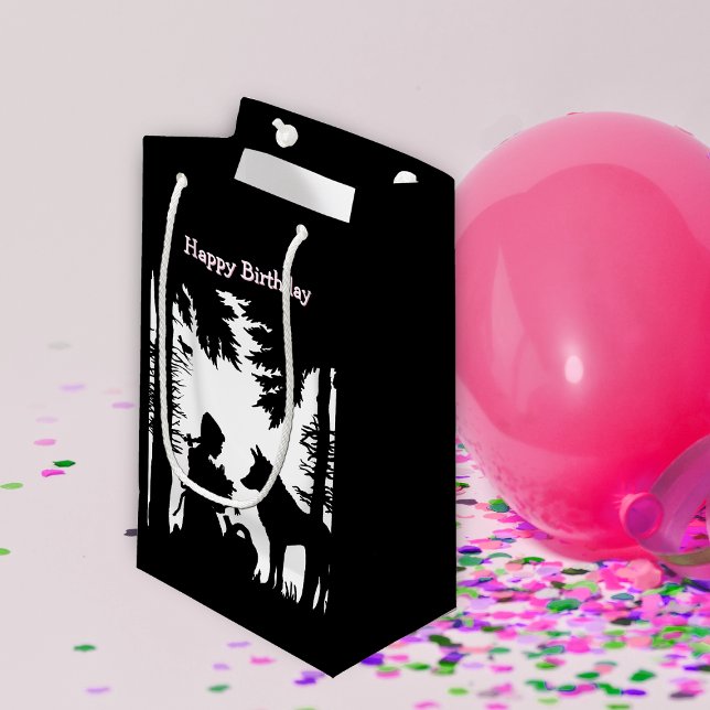 Sacola Para Presentes Pequena Birthday Fairy Tale Riding Hood Wolf Black White (Red riding hood in woods with flowers talking to wolf on black white Happy Birthday gift bags.)