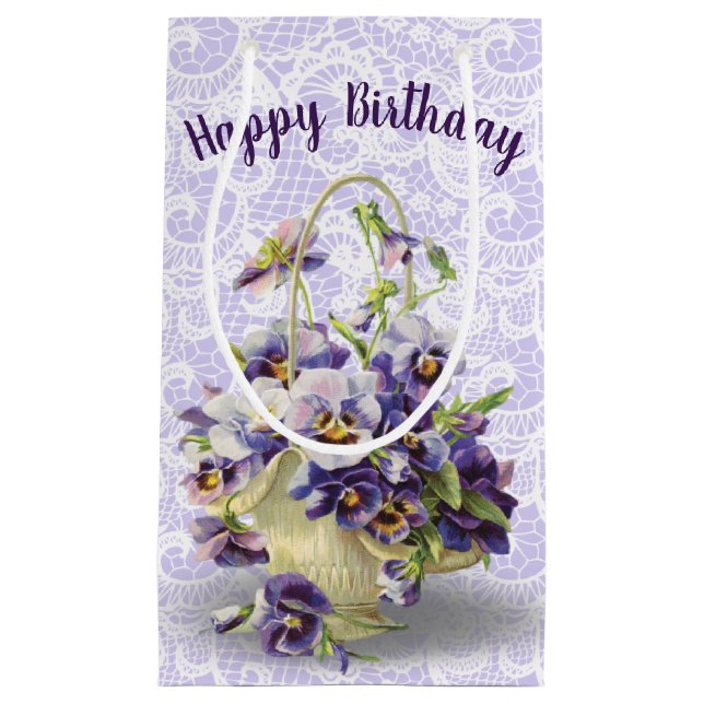 Sacola Para Presentes Pequena Birthday Pansy Basket On Lace (Frente)