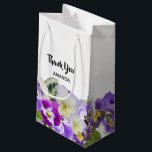 Sacola Para Presentes Pequena Birthday purple florals white name Thank You<br><div class="desc">An elegant white background and a border of violet,  purple and white watercolored pansies.  Black hand lettered style script and the text: Thank You! Template for a name. Perfect as a favor box for birthdays ,  anniversaries or weddings.</div>