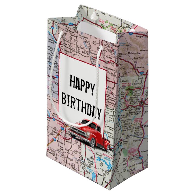 Sacola Para Presentes Pequena Birthday Red Retro Truck no Mapa (Frente inclinada)