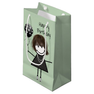 Sacola Para Presentes Pequena Birthday Stick Girl com balão de Bolinhas