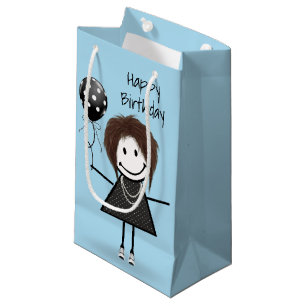 Sacola Para Presentes Pequena Birthday Stick Girl com balão de Bolinhas