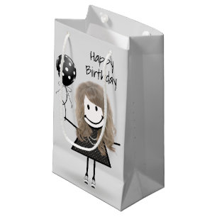 Sacola Para Presentes Pequena Birthday Stick Girl com balão de Bolinhas