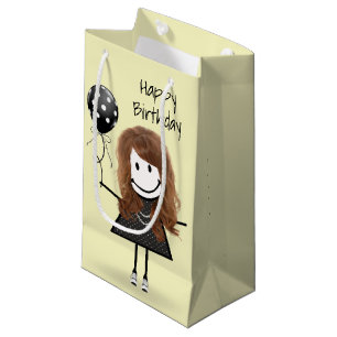 Sacola Para Presentes Pequena Birthday Stick Girl com balão de Bolinhas