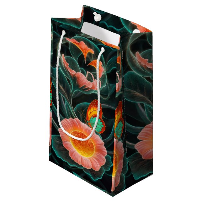 Sacola Para Presentes Pequena Bloom Bioluminescente: Uma Aposta Floral Vibrante (Frente inclinada)