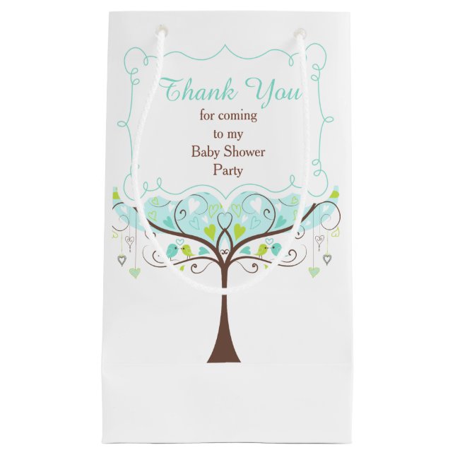 Sacola Para Presentes Pequena Blue and Green Floral Bird Baby Shower Thank You (Frente)