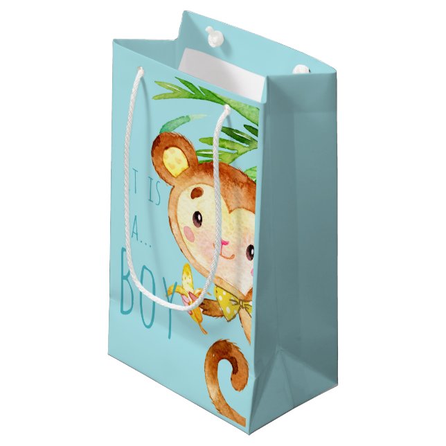 Sacola Para Presentes Pequena Blue Cute Monkey Baby Boy Announcement 2 (Frente inclinada)