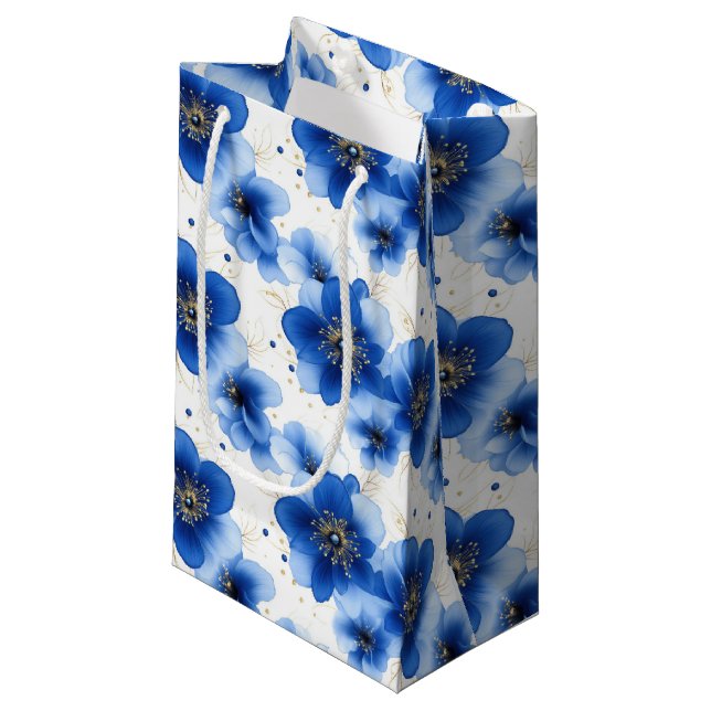 Sacola Para Presentes Pequena Blue Floral Pattern with Gold Accents (Frente inclinada)