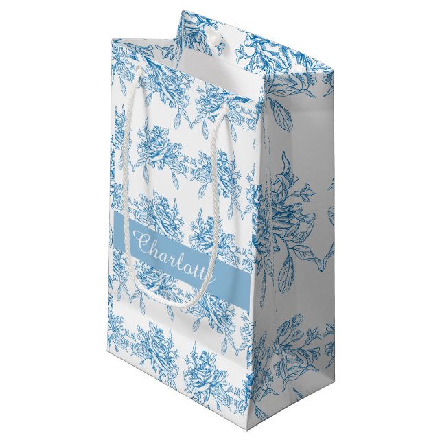 Sacola Para Presentes Pequena Blue French Toile Pattern (Frente inclinada)