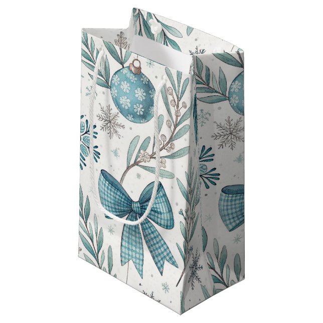 SACOLA PARA PRESENTES PEQUENA BLUE & GRAY CHRISTMAS BALLS & BOWS (Frente inclinada)