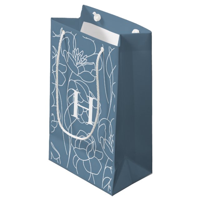 Sacola Para Presentes Pequena Blue Modern Wildflower Monogram (Frente inclinada)