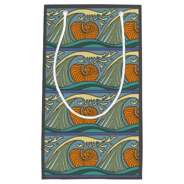 Sacola Para Presentes Pequena Blue Ocean Waves Nautilus Seashell Patterno Nouvea (Frente)