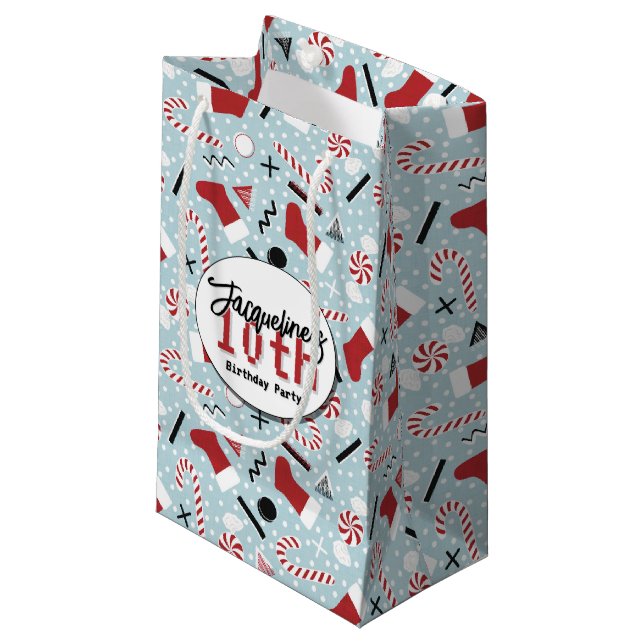 Sacola Para Presentes Pequena Blue Retro Christmas Peppermint Birthday (Frente inclinada)
