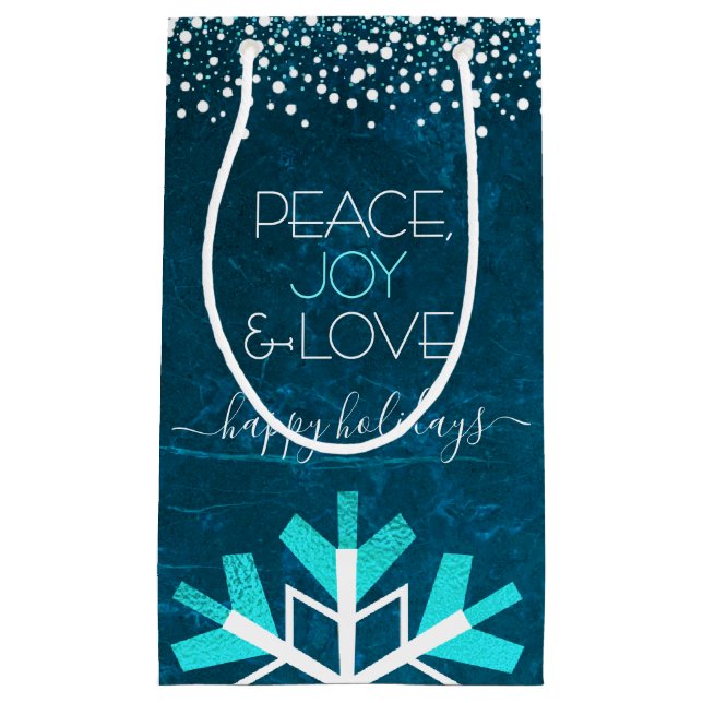 Sacola Para Presentes Pequena Blue Snowflake Peace Joy Love Typografia Modern (Frente)
